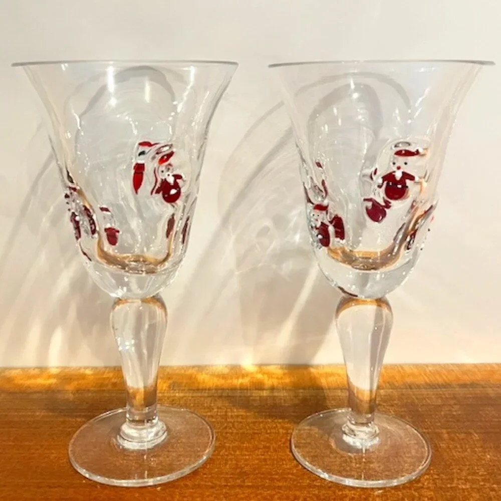 Set of (2) Crate & Barrel 8oz Blown Glass Fused Santa Wine Goblets Glasses